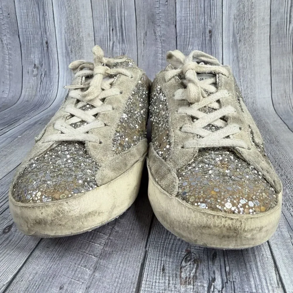 Golden Goose Super-Star Girls Size 1.5Y EUR 34 Silver Glitter Shoes Sneakers